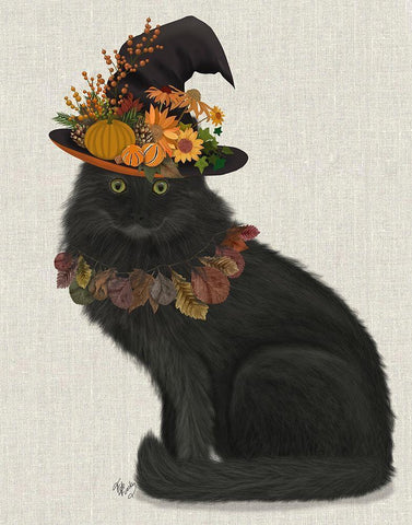 Black Cat with Autumn Hat, Full White Modern Wood Framed Art Print with Double Matting by Fab Funky