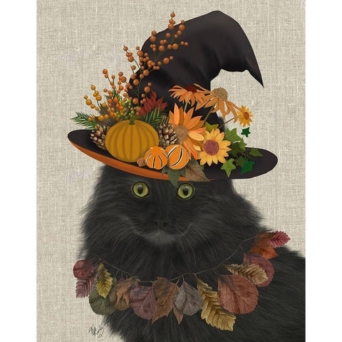 Black Cat with Autumn Hat, Portrait White Modern Wood Framed Art Print by Fab Funky