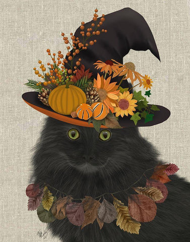 Black Cat with Autumn Hat, Portrait White Modern Wood Framed Art Print with Double Matting by Fab Funky