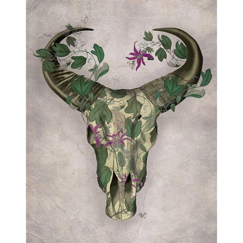 Cow Skull and Passion Flowers Gold Ornate Wood Framed Art Print with Double Matting by Fab Funky