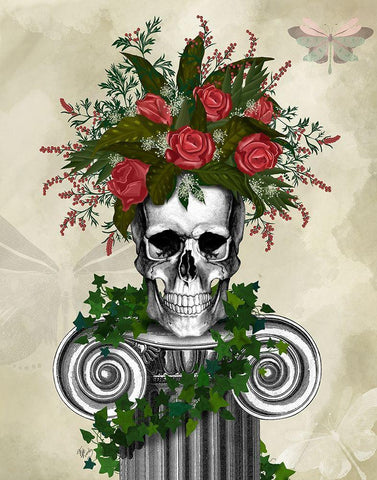 Skull with Roses and Berries White Modern Wood Framed Art Print with Double Matting by Fab Funky