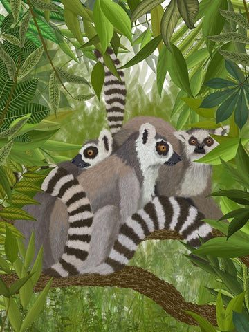 Lemur Family in Canopy Black Ornate Wood Framed Art Print with Double Matting by Fab Funky