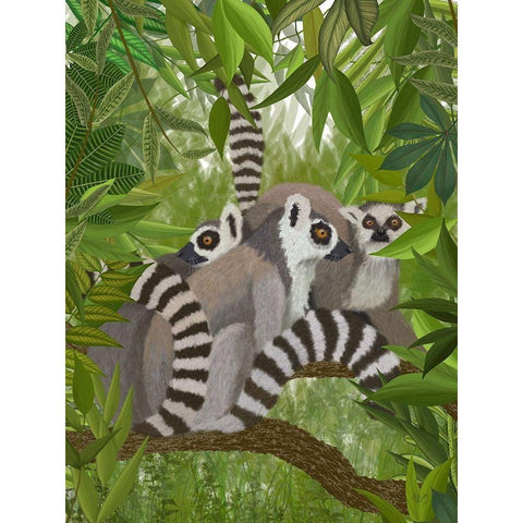 Lemur Family in Canopy Gold Ornate Wood Framed Art Print with Double Matting by Fab Funky