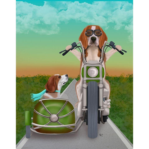 Beagle Chopper and Sidecar Gold Ornate Wood Framed Art Print with Double Matting by Fab Funky