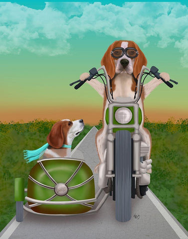 Beagle Chopper and Sidecar White Modern Wood Framed Art Print with Double Matting by Fab Funky