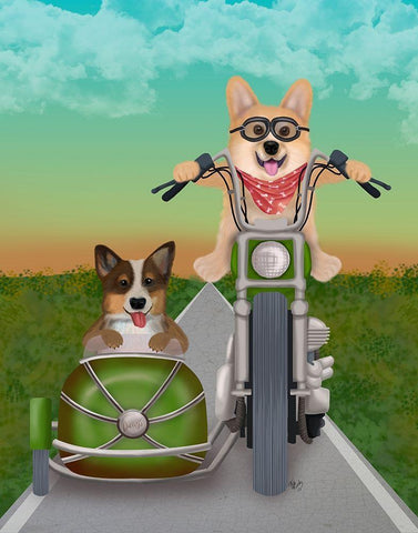 Corgi Chopper and Sidecar Black Ornate Wood Framed Art Print with Double Matting by Fab Funky