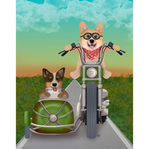 Corgi Chopper and Sidecar Black Modern Wood Framed Art Print with Double Matting by Fab Funky