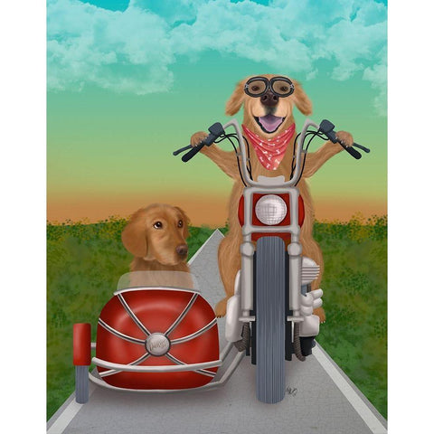 Golden Retriever Chopper and Sidecar Gold Ornate Wood Framed Art Print with Double Matting by Fab Funky