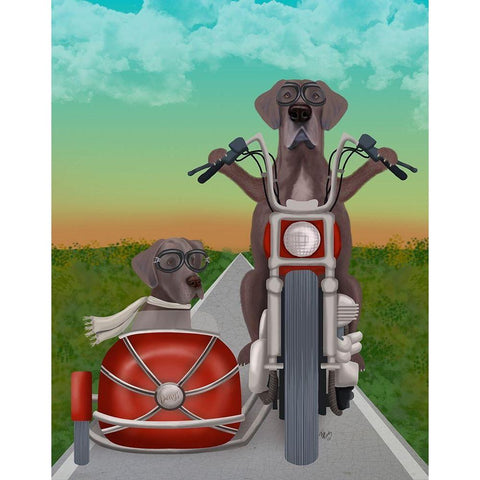 Great Dane Chopper and Sidecar Gold Ornate Wood Framed Art Print with Double Matting by Fab Funky