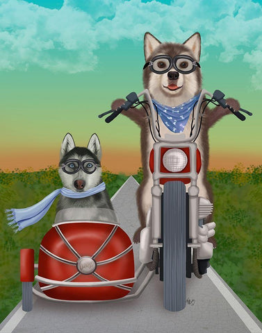 Husky Chopper and Sidecar Black Ornate Wood Framed Art Print with Double Matting by Fab Funky