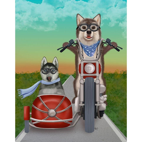 Husky Chopper and Sidecar White Modern Wood Framed Art Print by Fab Funky