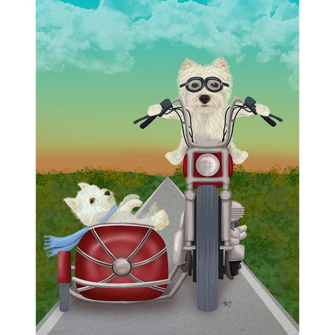 Westie Chopper and Sidecar Black Modern Wood Framed Art Print with Double Matting by Fab Funky