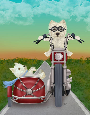 Westie Chopper and Sidecar White Modern Wood Framed Art Print with Double Matting by Fab Funky