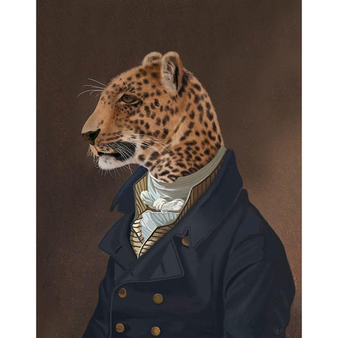 Leopard in Blue Jacket White Modern Wood Framed Art Print by Fab Funky