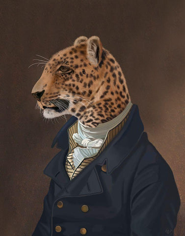 Leopard in Blue Jacket White Modern Wood Framed Art Print with Double Matting by Fab Funky