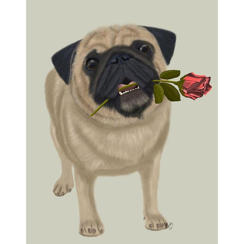 Pug and Rose White Modern Wood Framed Art Print by Fab Funky