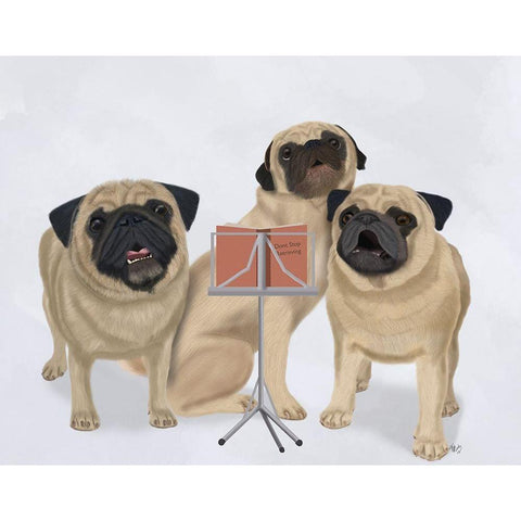 Pug Choir White Modern Wood Framed Art Print by Fab Funky