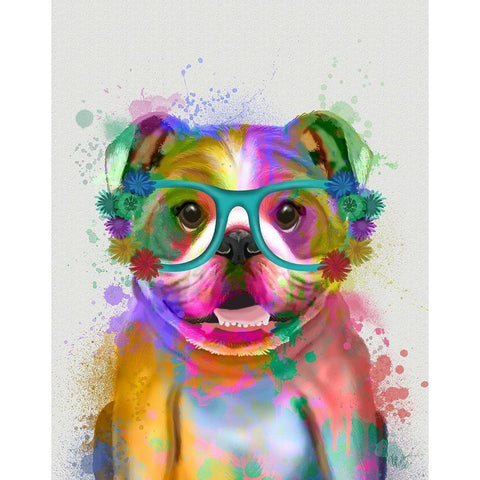 English Bulldog Rainbow Splash White Modern Wood Framed Art Print by Fab Funky