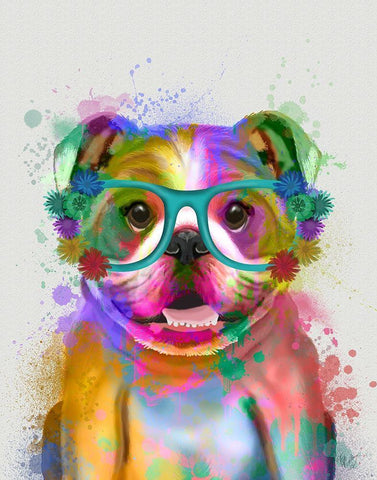 English Bulldog Rainbow Splash White Modern Wood Framed Art Print with Double Matting by Fab Funky