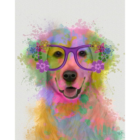 Golden Retriever Rainbow Splash White Modern Wood Framed Art Print by Fab Funky