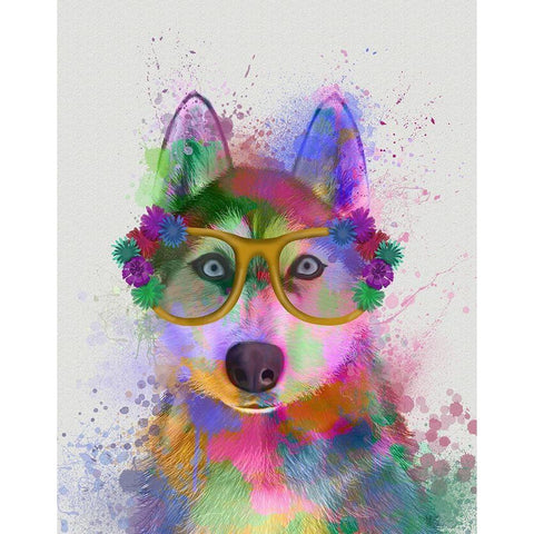 Husky Rainbow Splash White Modern Wood Framed Art Print by Fab Funky