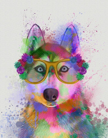 Husky Rainbow Splash Black Ornate Wood Framed Art Print with Double Matting by Fab Funky