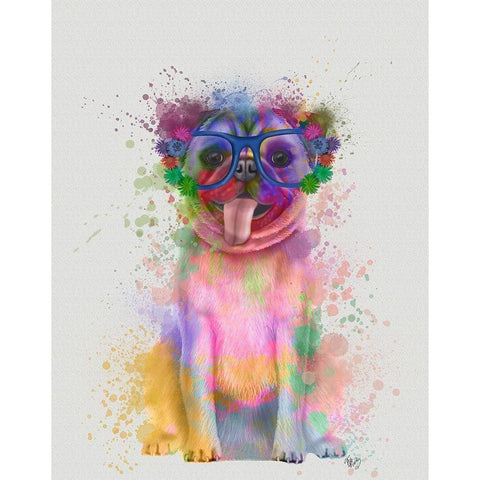 Pug Rainbow Splash White Modern Wood Framed Art Print by Fab Funky