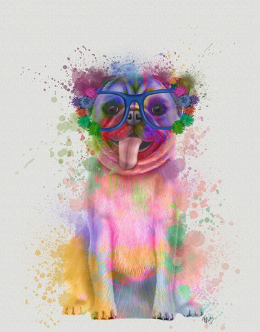 Pug Rainbow Splash White Modern Wood Framed Art Print with Double Matting by Fab Funky