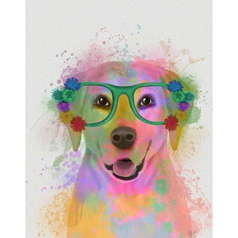 Yellow Labrador Rainbow Splash White Modern Wood Framed Art Print by Fab Funky