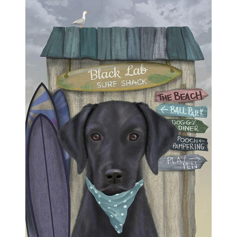 Black Labrador Surf Shack Black Modern Wood Framed Art Print by Fab Funky