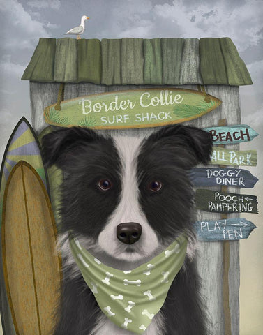 Border Collie, Black and White, Surf Shack White Modern Wood Framed Art Print with Double Matting by Fab Funky