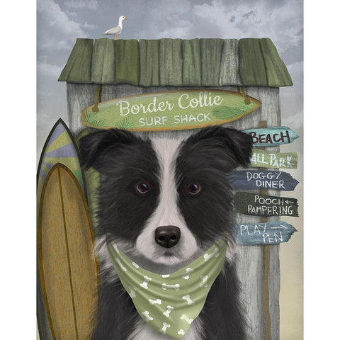 Border Collie, Black and White, Surf Shack Black Modern Wood Framed Art Print with Double Matting by Fab Funky