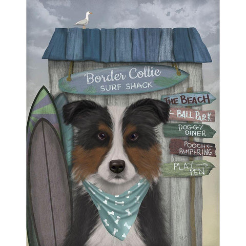 Border Collie, Tricolour, Surf Shack White Modern Wood Framed Art Print by Fab Funky