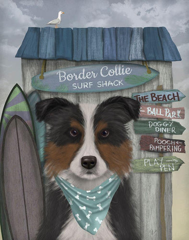 Border Collie, Tricolour, Surf Shack Black Ornate Wood Framed Art Print with Double Matting by Fab Funky