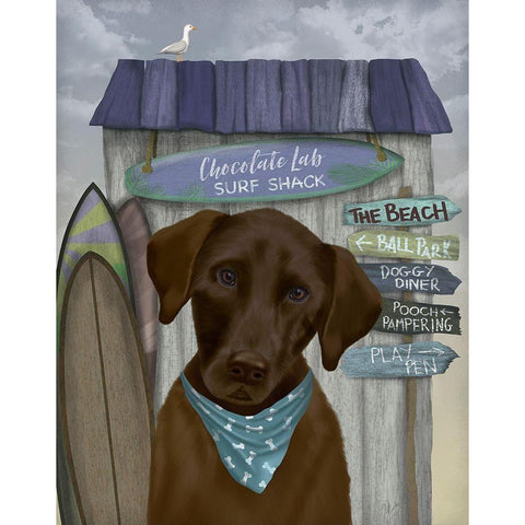 Chocolate Labrador Surf Shack White Modern Wood Framed Art Print by Fab Funky