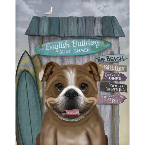 English Bulldog Surf Shack Gold Ornate Wood Framed Art Print with Double Matting by Fab Funky