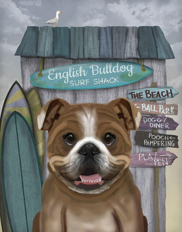 English Bulldog Surf Shack White Modern Wood Framed Art Print with Double Matting by Fab Funky