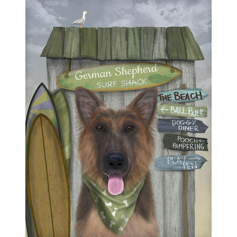 German Shepherd Surf Shack Black Modern Wood Framed Art Print by Fab Funky