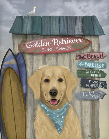 Golden Retriever Surf Shack White Modern Wood Framed Art Print with Double Matting by Fab Funky