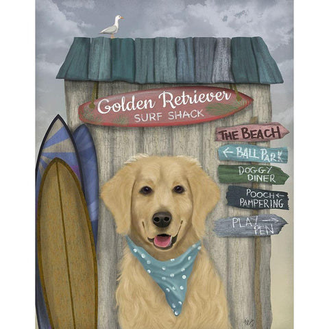 Golden Retriever Surf Shack Black Modern Wood Framed Art Print with Double Matting by Fab Funky