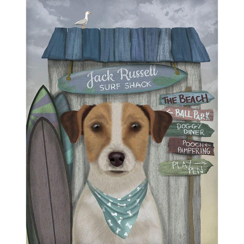 Jack Russell Surf Shack Black Modern Wood Framed Art Print with Double Matting by Fab Funky