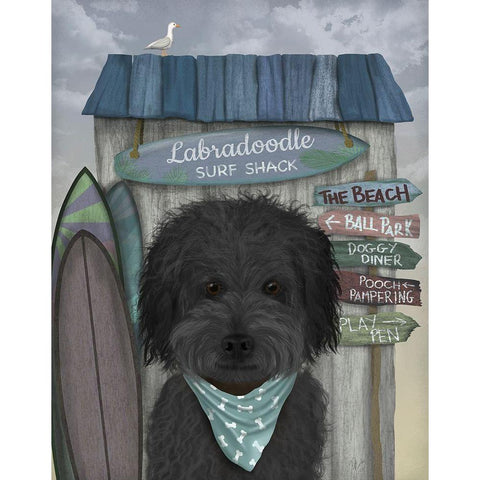 Labradoodle, Black, Surf Shack Gold Ornate Wood Framed Art Print with Double Matting by Fab Funky