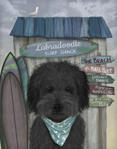 Labradoodle, Black, Surf Shack Black Ornate Wood Framed Art Print with Double Matting by Fab Funky