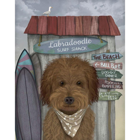 Labradoodle, Brown, Surf Shack Gold Ornate Wood Framed Art Print with Double Matting by Fab Funky