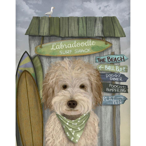 Labradoodle, Cream, Surf Shack White Modern Wood Framed Art Print by Fab Funky