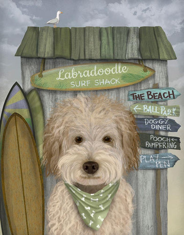 Labradoodle, Cream, Surf Shack White Modern Wood Framed Art Print with Double Matting by Fab Funky