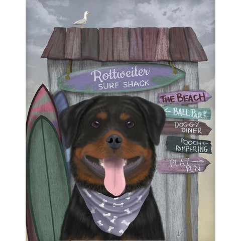 Rottweiller Surf Shack Black Modern Wood Framed Art Print by Fab Funky