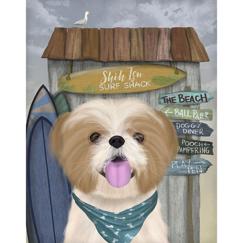 Shih Tsu Surf Shack White Modern Wood Framed Art Print by Fab Funky