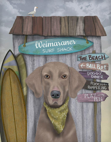 Weimaraner Surf Shack Black Ornate Wood Framed Art Print with Double Matting by Fab Funky