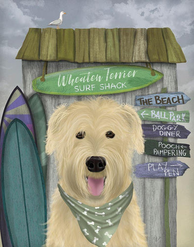 Wheaten Terrier Surf Shack Black Ornate Wood Framed Art Print with Double Matting by Fab Funky